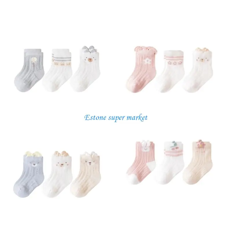 

090B 3 Pairs Breathable Mesh Cotton Baby Socks Comfortable Wearing for Spring & Summer Soft Comfort Fit Toddlers Active Play