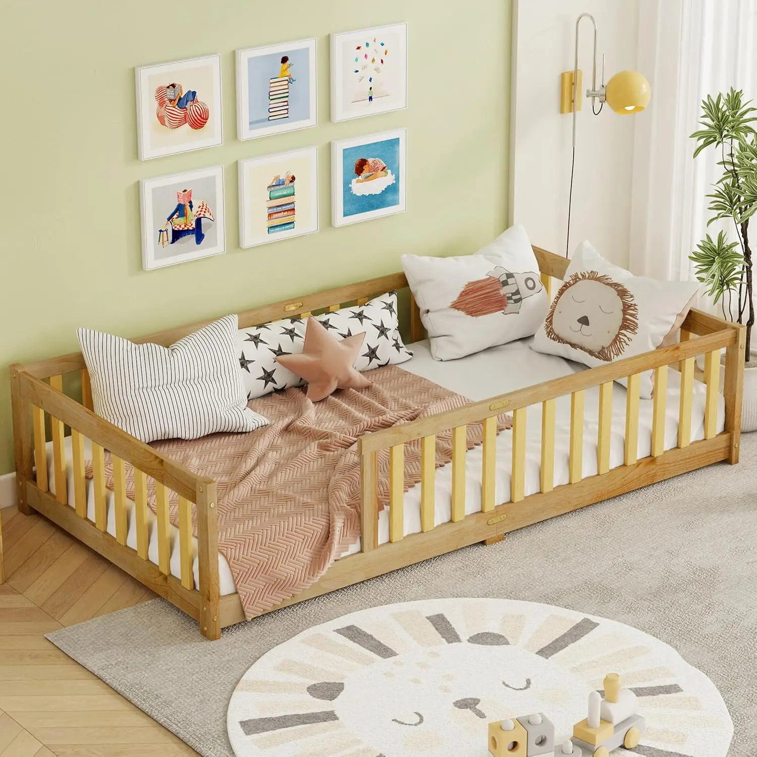 

Twin Size Floor Bed for Kids, Twin Floor Bed with High Fence, Wooden Montessori Beds for Kids, Natural with Rails, Customized