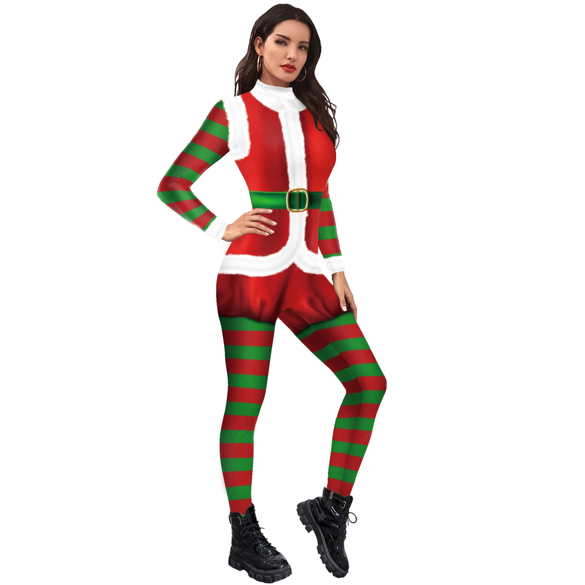 Zawaland Merry Christmas Women Sexy Bodysuit Stripe Printing Party Fashion Cosplay Costume Long Sleeve Slim Funny Jumpsuits