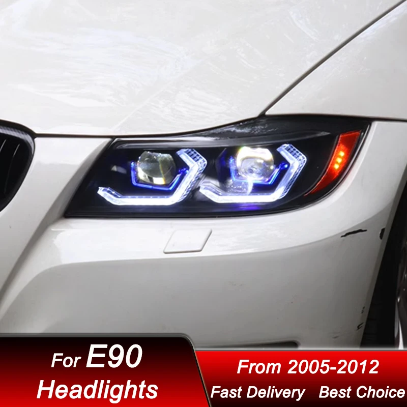 

Стильные светодиодные фары для BMW 3 серии E90 05-12, новый дизайн, желтые DRL, комплект для модернизации с линзами-проекторами и аксессуарами.