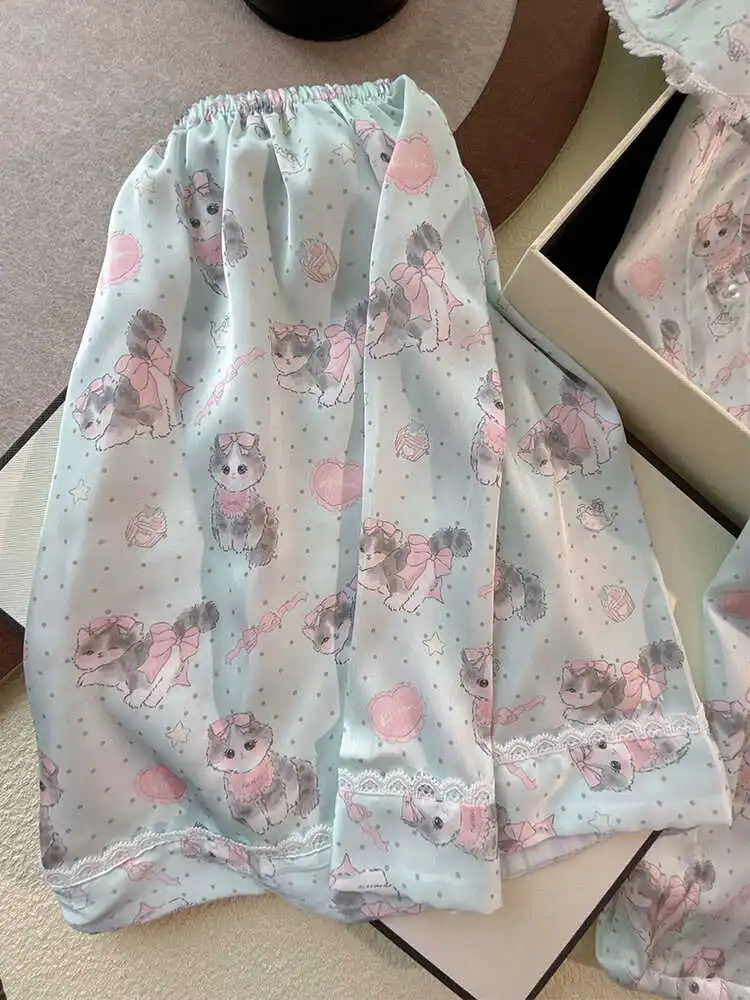 2025 New Summer Cartoon Ice Silk Pajamas Sweet Girl Lace Doll Collar Loungewear Casual Skin-friendly Short-sleeved Set