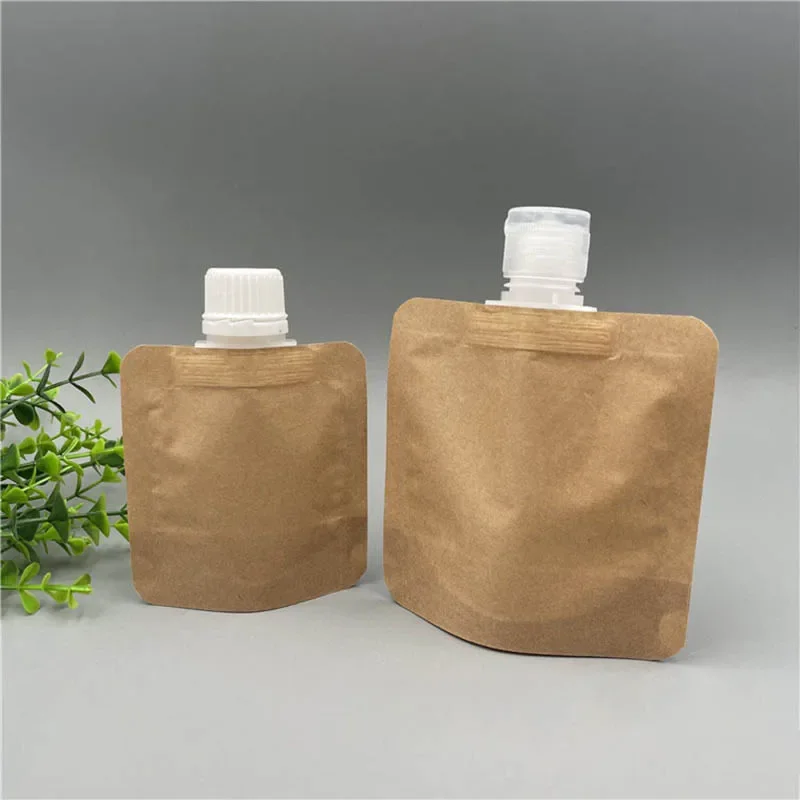 100pcs Kraft Paper Coffee Bag Refillable Spout Pouch Makeup Cosmetic Cream Lotion Blank Sample Bags 30ml 50ml 100ml