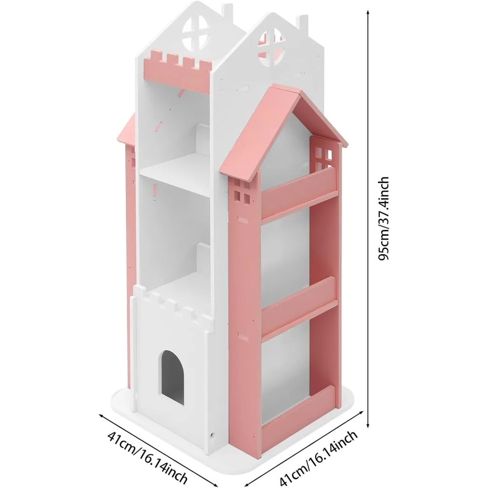 3 Tier Rotating Castle Bookshelf, 360 Spinning Bookcase, Floor Standing Storage Organizer, Pink