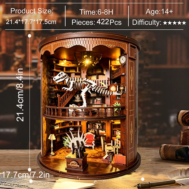 Book Nook Kit Dinosaur Museum Library- DIY Miniature House Kit for Adults, Teens and Beginners, Dollhouse Booknook House Bookshelf Decor 3D Wooden Puzzle with LED Light, Gifts for Family, Friends