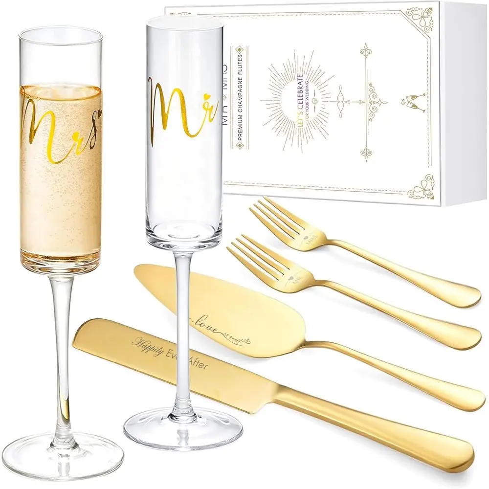 

Wedding Cake Knife and Server Set, Mr and Mrs Champagne Flutes Glasses, Cake Cutting Set, Bridal Shower Gifts