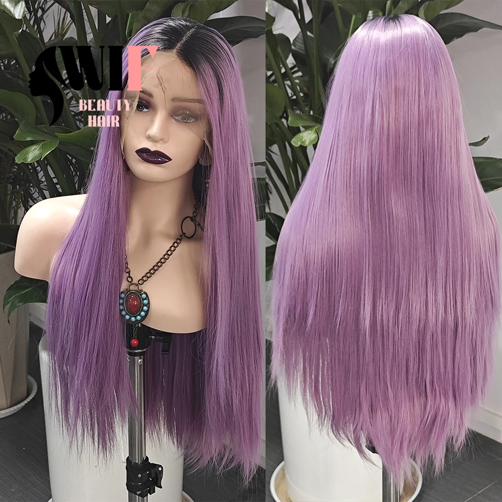 Wif Ombre Ash Peruca Sintética Roxo, Lace Part, Cabelo Liso, Raiz Preta, Lace Front Perucas, Uso Cosplay, Maquiagem, 13 × 6