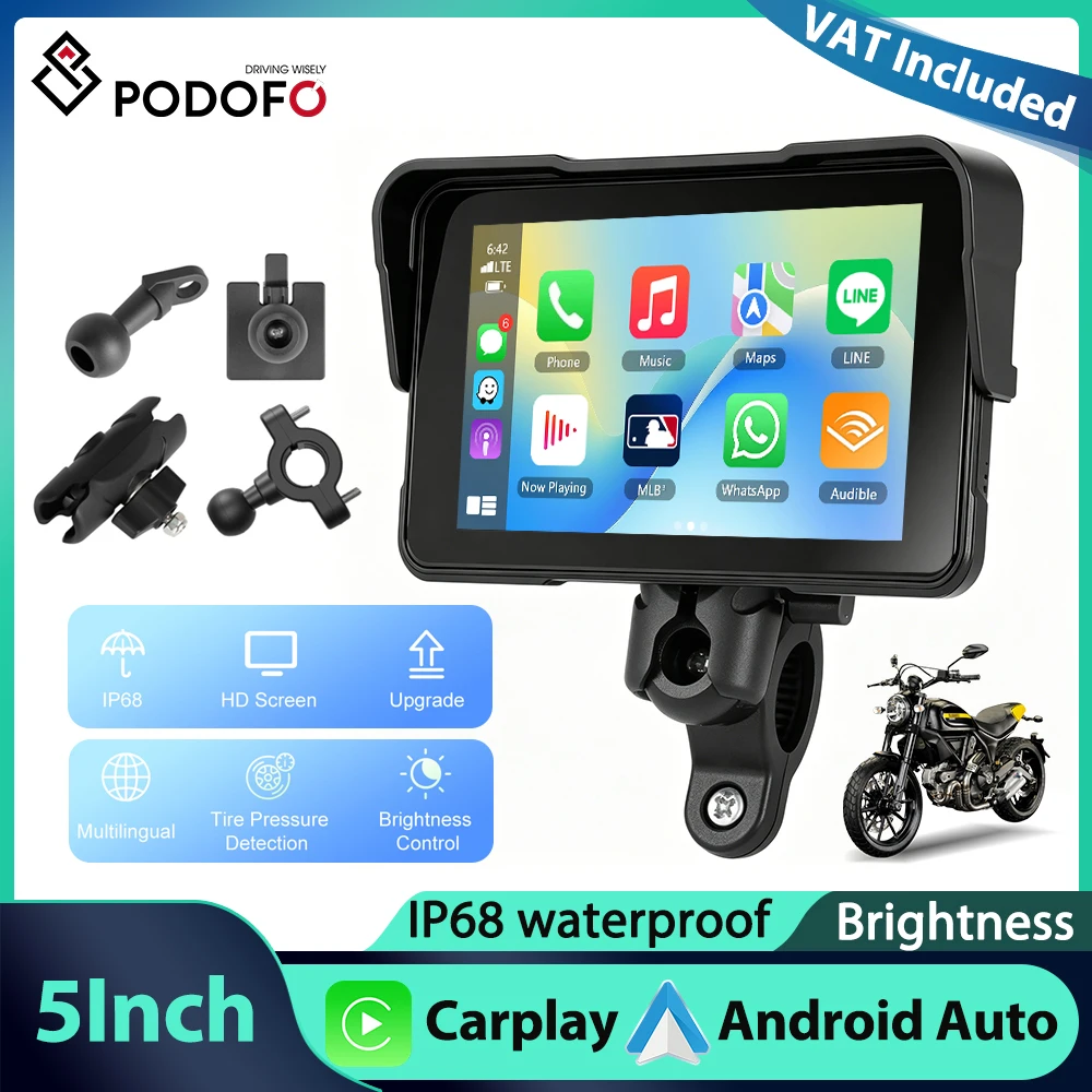 Podofo Motorrad Kabelloses Carplay Android Auto 5'' Smart Screen Player IP68 Wasserdicht Reifendrucküberwachung Helligkeitseinstellung