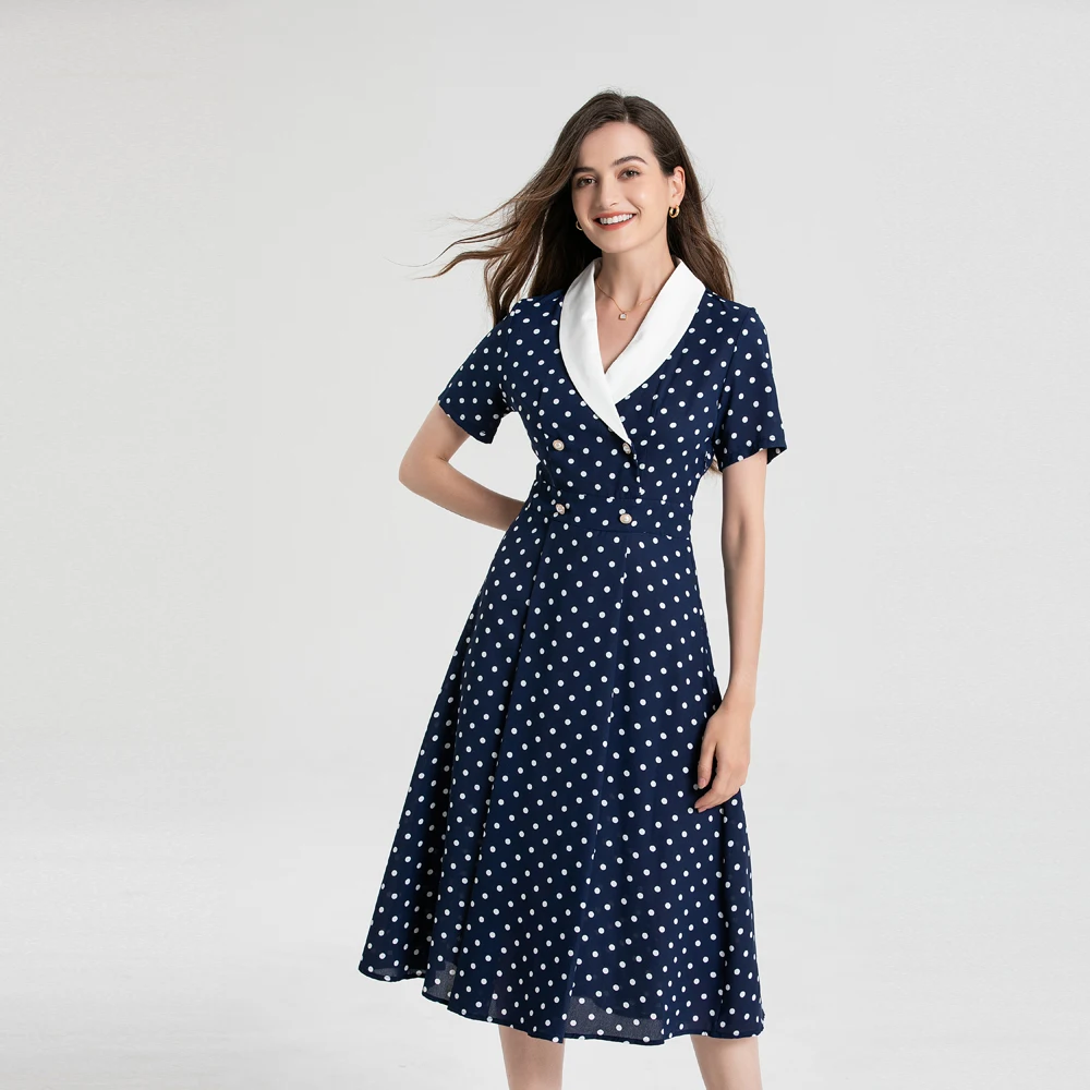 

2024 Summer French High-end Celebrity Waist Suit Collar Polka Dots Cover the Flesh to Look Thin Mid-length A-line Large Skirt