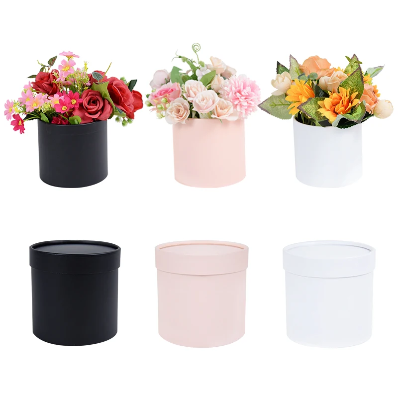 1Pc Black White Pink Round Flower Packaging Cardboard Box Florist Wrapping Hug Bucket Valentine\'s Day Birthday Wedding Gift Case