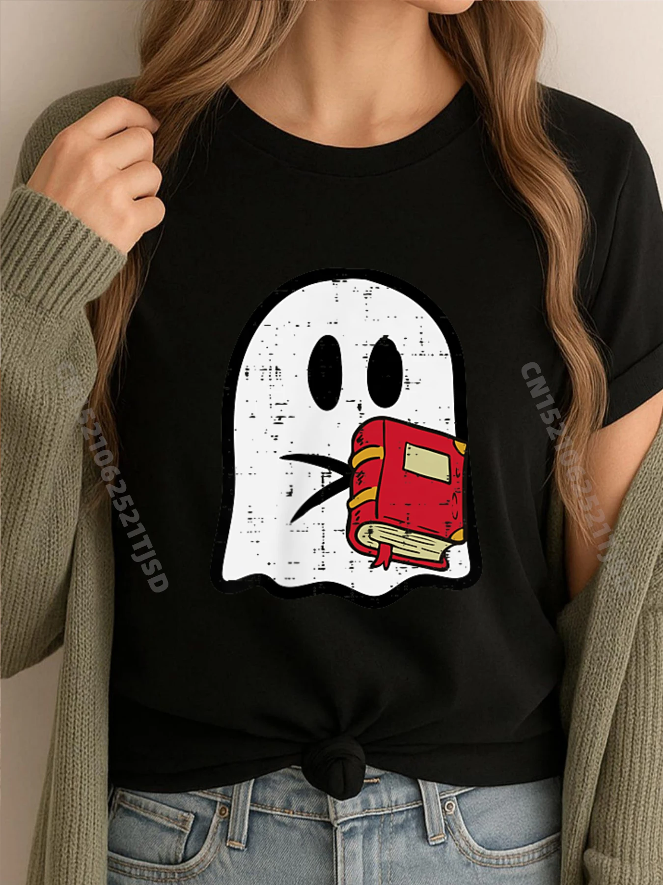 

Призрак читает чтение библиотекарю книга Хэллоуин женщина XS графические футболки брендовая одежда для отдыха