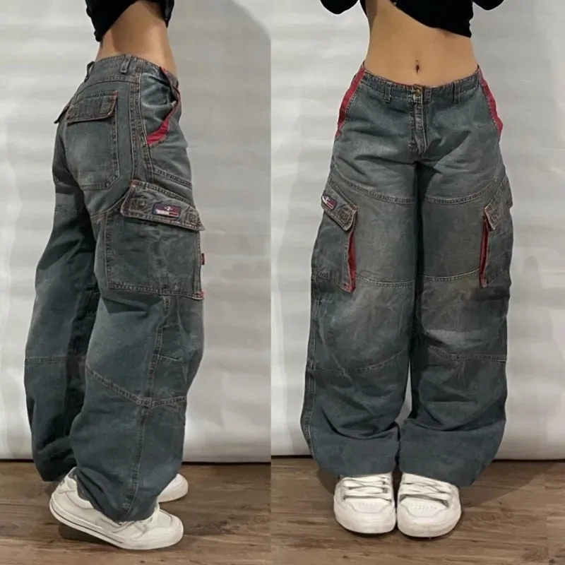 American Streetwear New Multi-pocket Old Casual Jeans Men Y2K Gothic Vintage Hip Hop Popular Joker High Waist Wide-leg Trousers