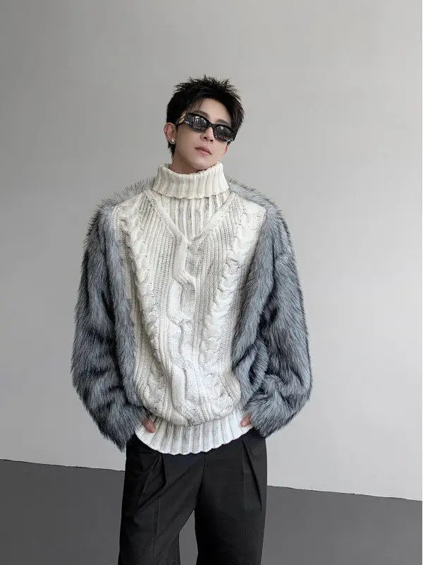 

Men's Thiened Fur Splicing Twist Flower High Collar Sweater Punk Sle Knitted irt Warm Cozy Winter Faion Casual Wear