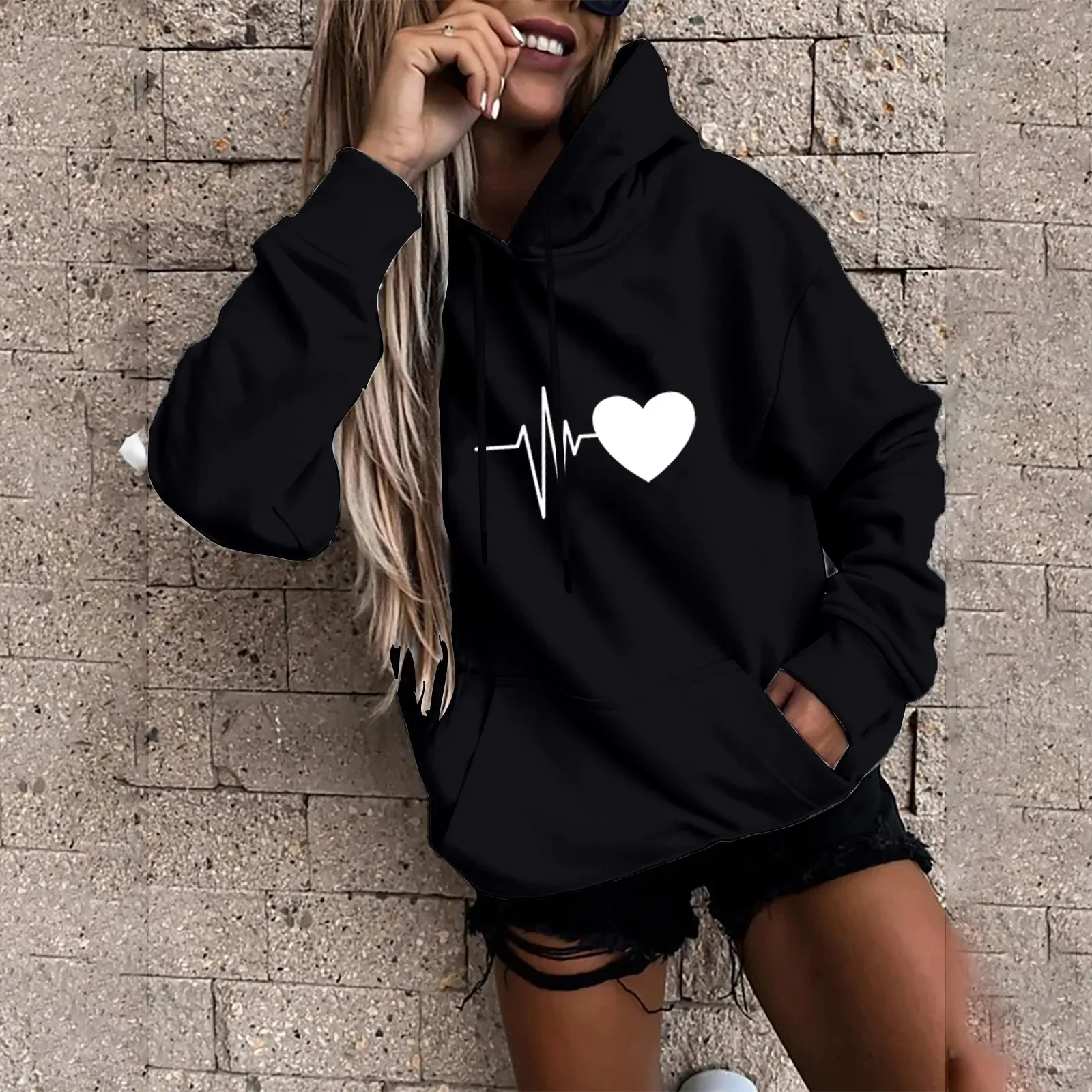 Women\'s Pullover Oversized Hooded Sweatshirt Casual Fun Print Loose Sports Tops K Pop Streetwear Winter Clothes Women