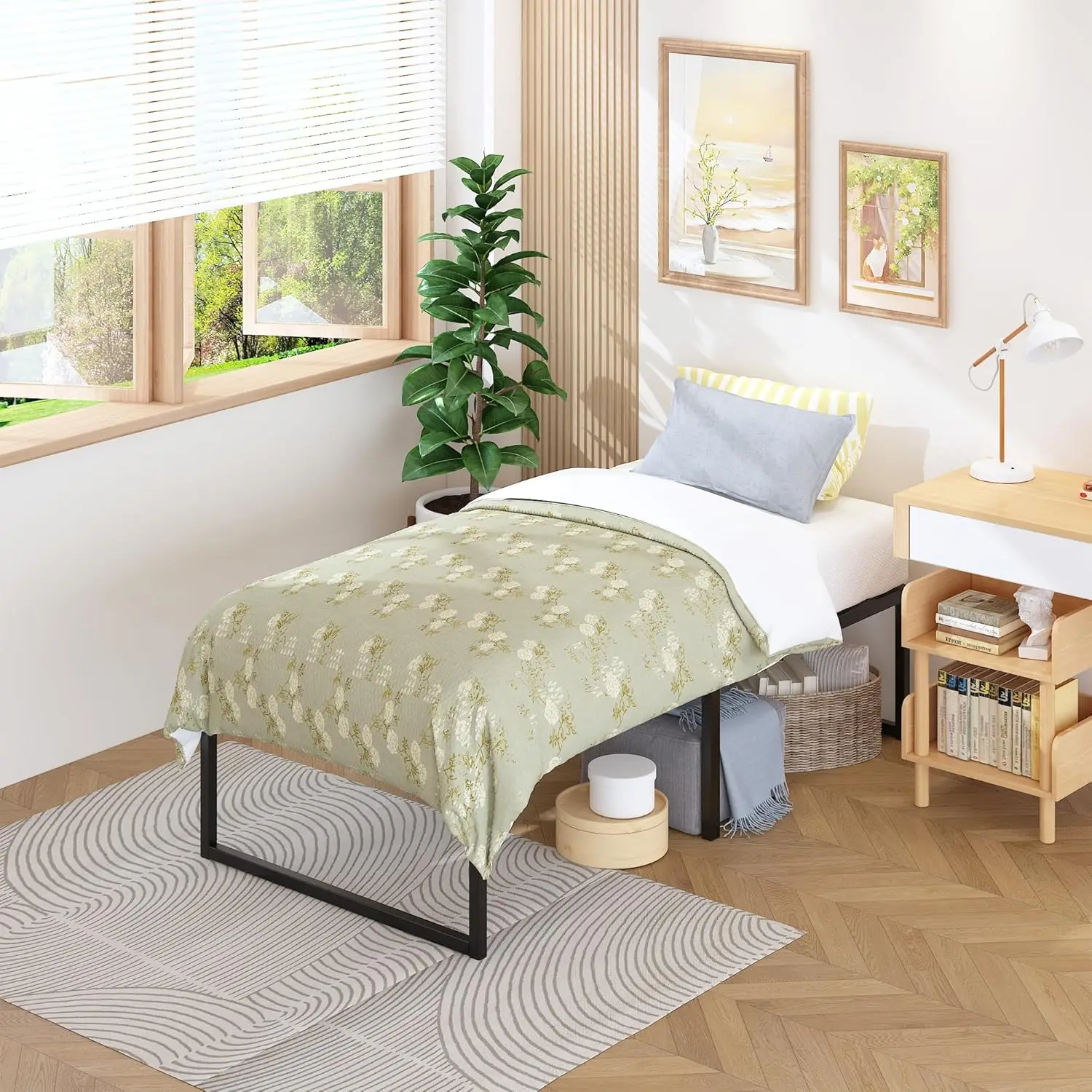 Zwaar uitgevoerd metalen bedframe met twee platforms, geen boxspring nodig, eenvoudige montage, geluidsvrij, zwart