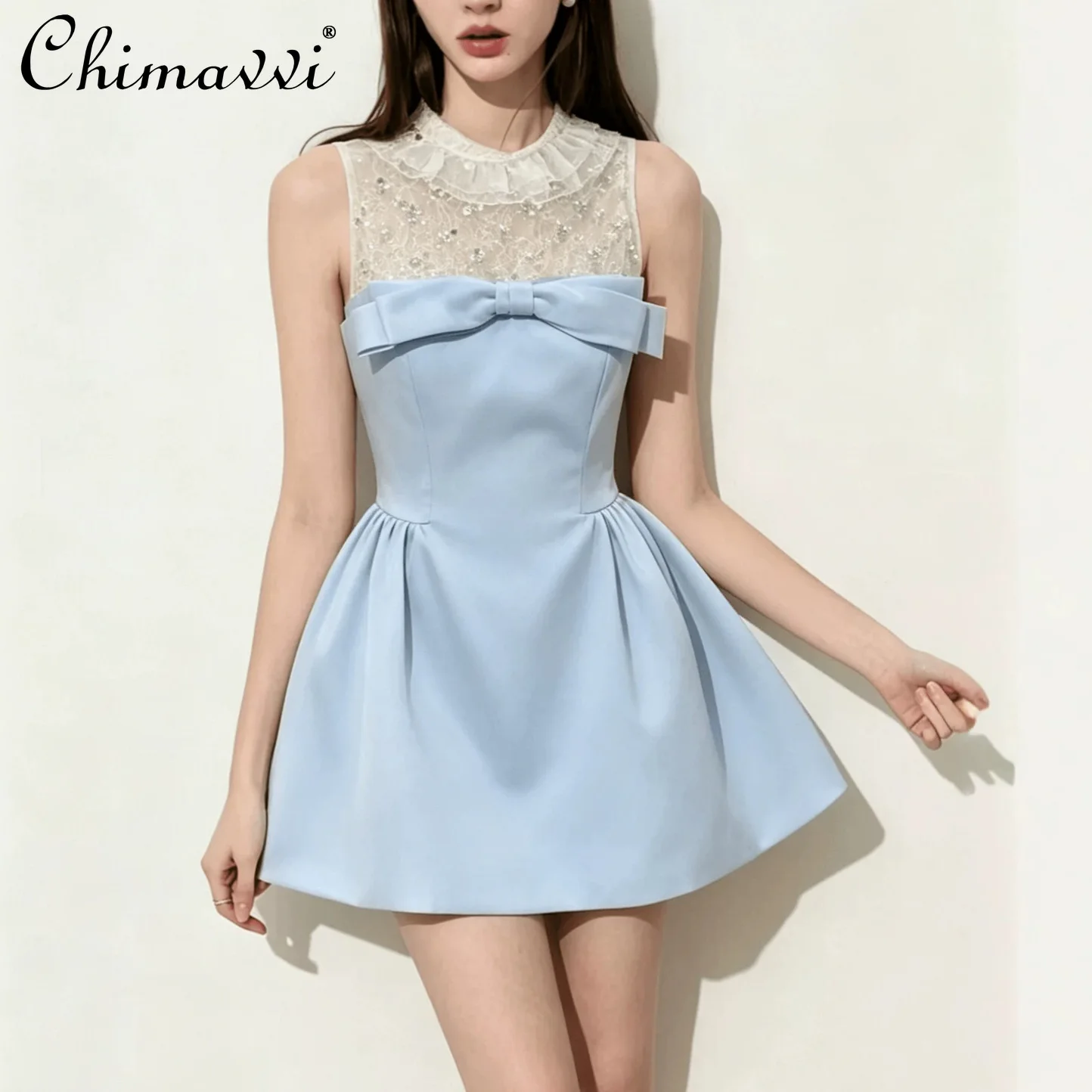 

French Elegant Fashion Socialite Birthday Party Dresses Beaded Sequins Crew Neck Sleeveless High Waist A-line Short Dress Women