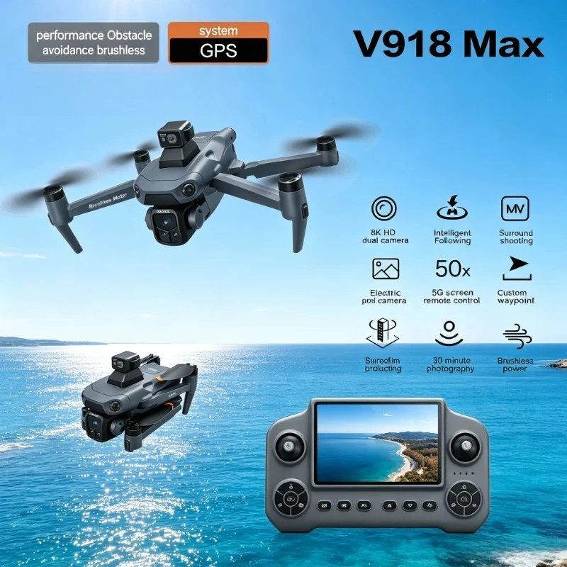 Original V918 Max GPS Foldable Drone 8K Dual Camera 360° Obstacle Avoidance Brushless 5G WiFi Screen Remote RC Quadcopter