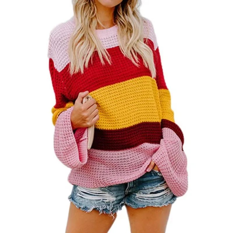 

Autumn new plus size casual sweater fashion ladies loose round neck trumpet sleeve striped casual sweater