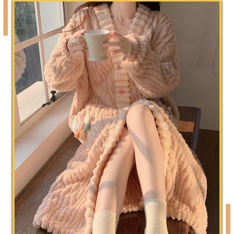 

Радужная ночная рубашка для женщин, осенне-зимняя милая милая одежда для сна, толстый теплый длинный кардиган, свободная удобная домашняя одежда, ночная рубашка