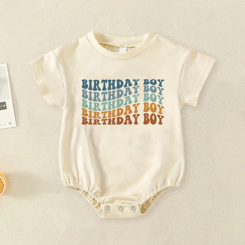 Birthday Boy Cute Retro Bubble Romper Wavy Letters Boys Birthday Jumpsuit Toddler Baby Short Sleeve Summer Oversized Jumpsuit