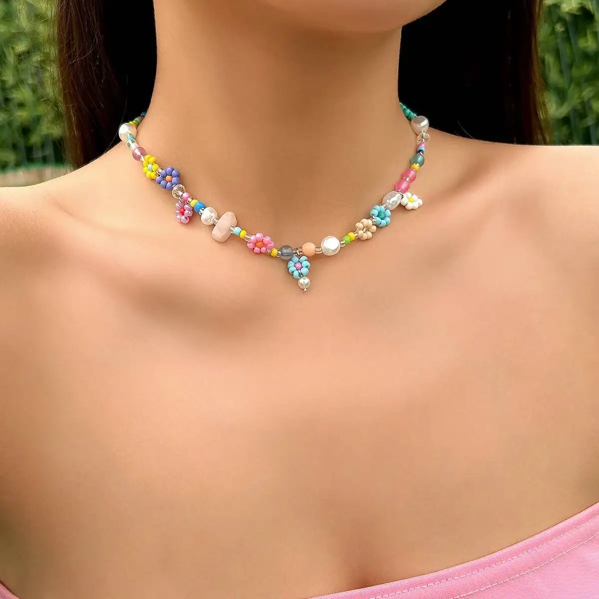 PuRui Boho Bunte kleine Seed Bead Weave Blumenkette Halskette für Frauen handgemachte kurze Halsband am Hals Schmuck Zubehör