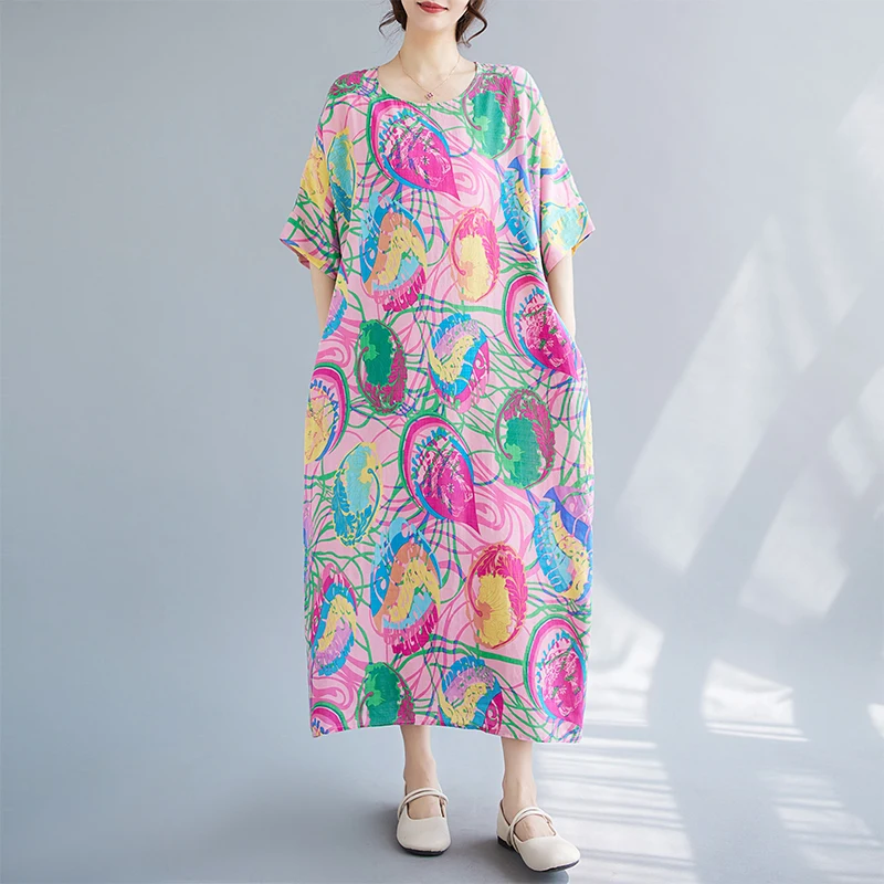 Loose Summer Print round Neck Short Sleeve Knee-Length Dress for plus Size Women Comfortable Cotton Citywalk T-shirt Dress