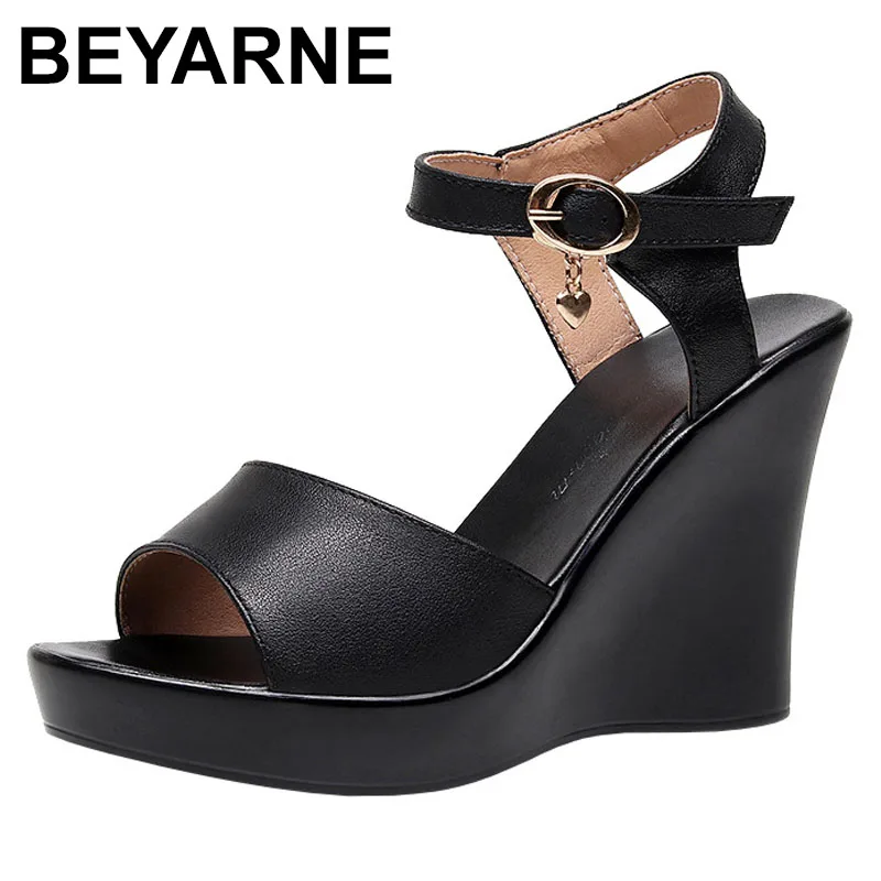 

Cow leather black Wedges Peep Toe Sandals for women Platform Ankle Strap high heel pumps ankle strap shoes