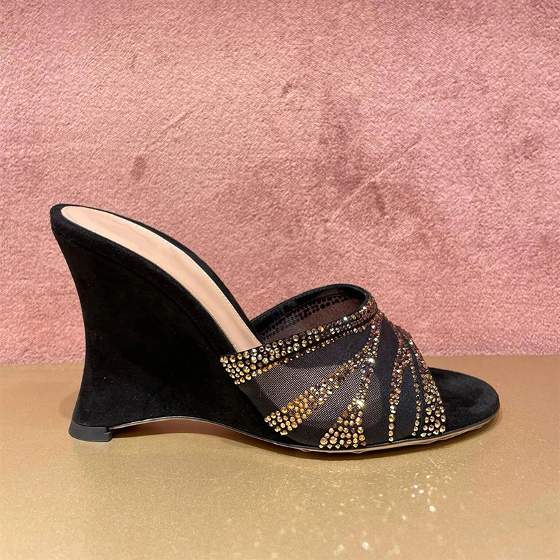 

Mesh Rhinestone Wedge Sandals for Women Summer New Black Thick Soled High Heels Slippers Luxury Elegant Party Shoes