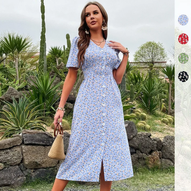 

Best-Selling New Type European and American Women's Clothing2025Summer New French Style Split SkirtVShort Sleeve Floral Dress