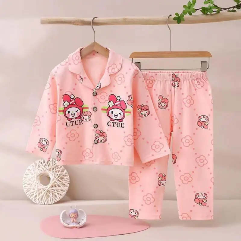 Sanrios Cinnamoroll Girls Pajamas Set Anime My Melody Cotton Sleepwear Cartoon Long Sleeve Nightwear Spring Autumn Home Clothes