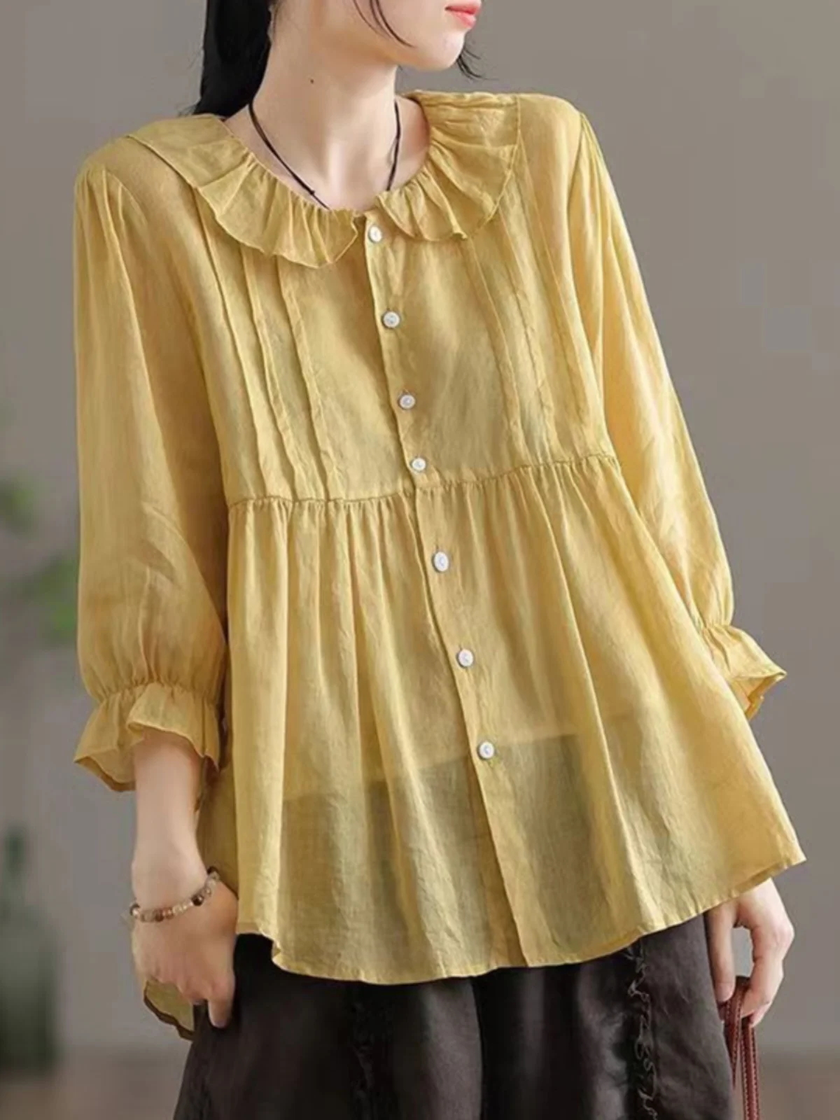 Baumwoll-Leinen ort Sve irt Damen-Oberteil mit lockerem Puppenkragen und einem Knopf, faionable, bequem, atmungsaktiv, Sommer-Irt