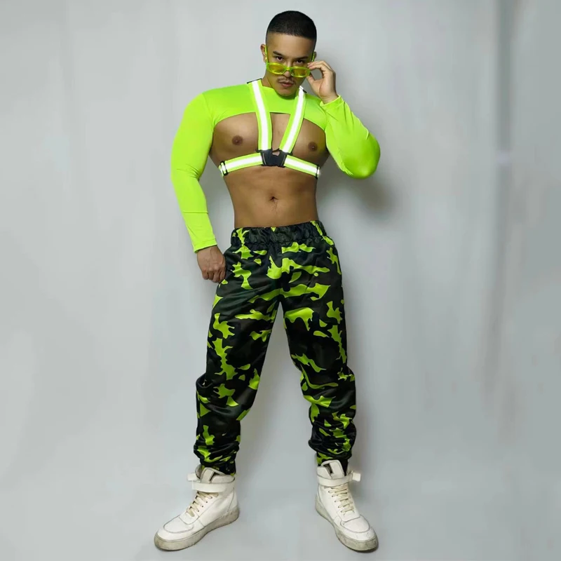 Fluorescent Green Top Camouflage Pants Reflective Chest Strap Muscle Man Pole Dance Outfit Nightclub Dj Ds Gogo Costume XS4226