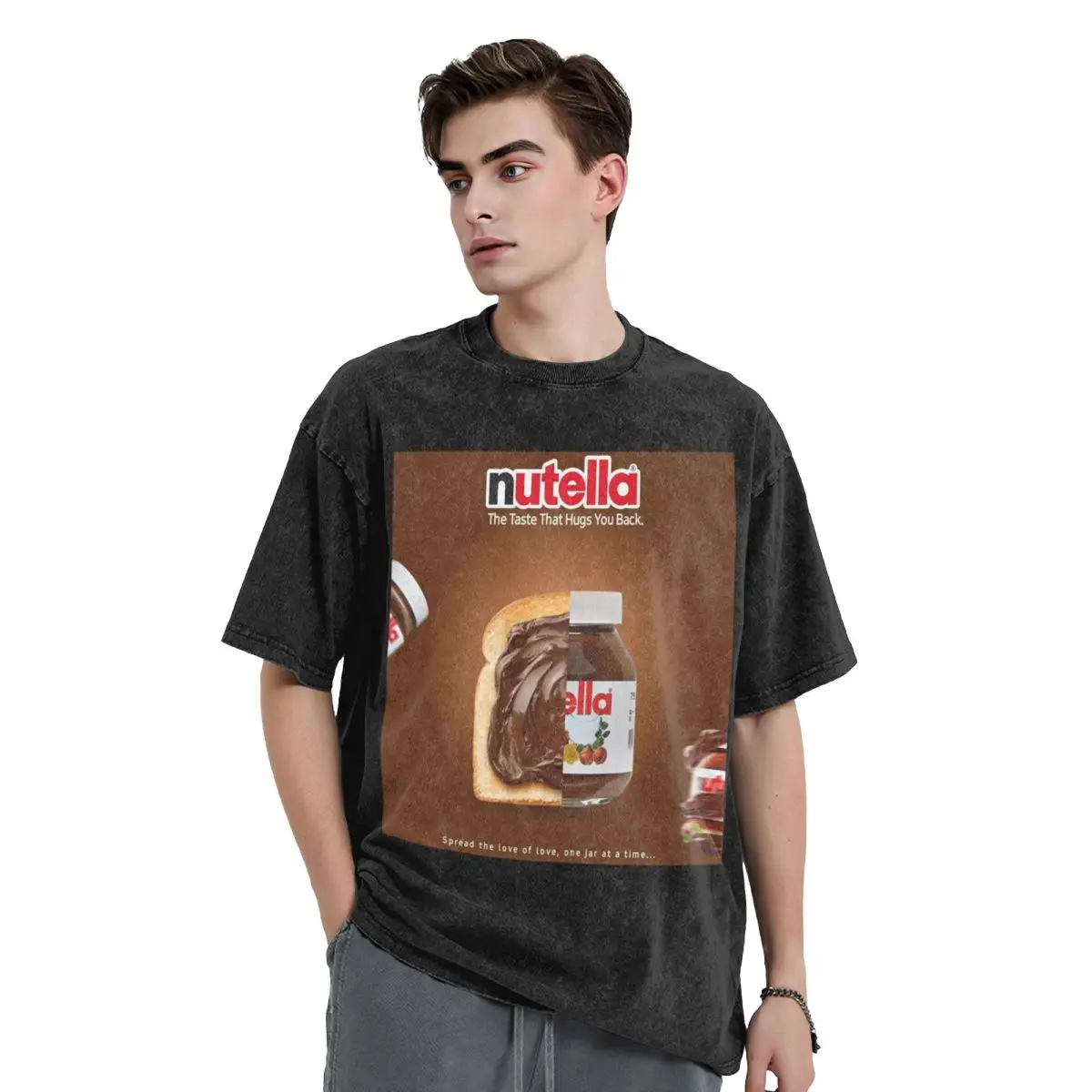 Nutella Cutie Washed T Shirts Cotton Short Sleeve Hip Hop T-Shirt Streetwear Tops Tees for Men Women