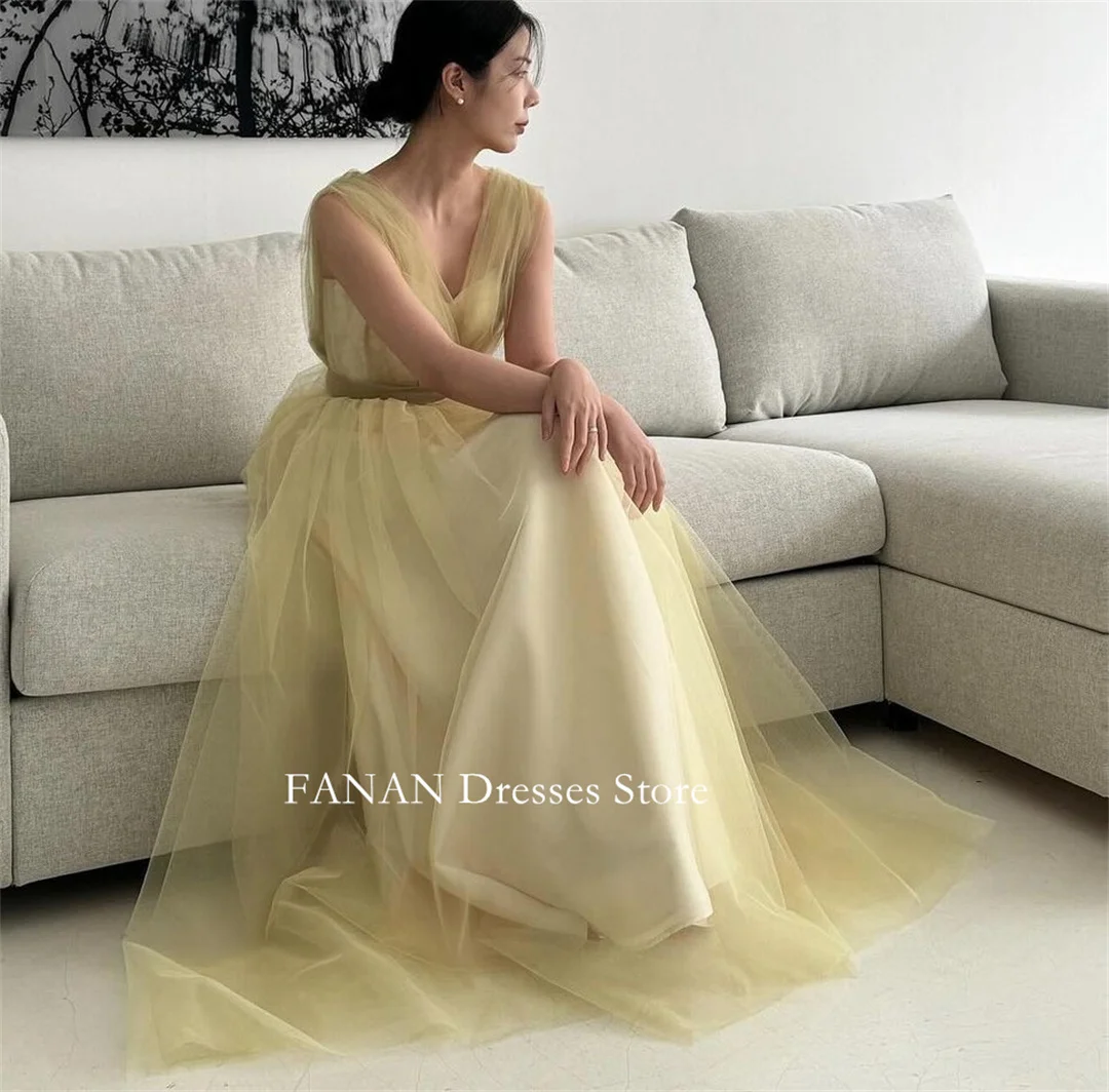 FANAN V-Neck Evening Party Dresses Korea Yellow Sleeveless Customized Wedding Women  Gowns Event Prom Gowns Customized