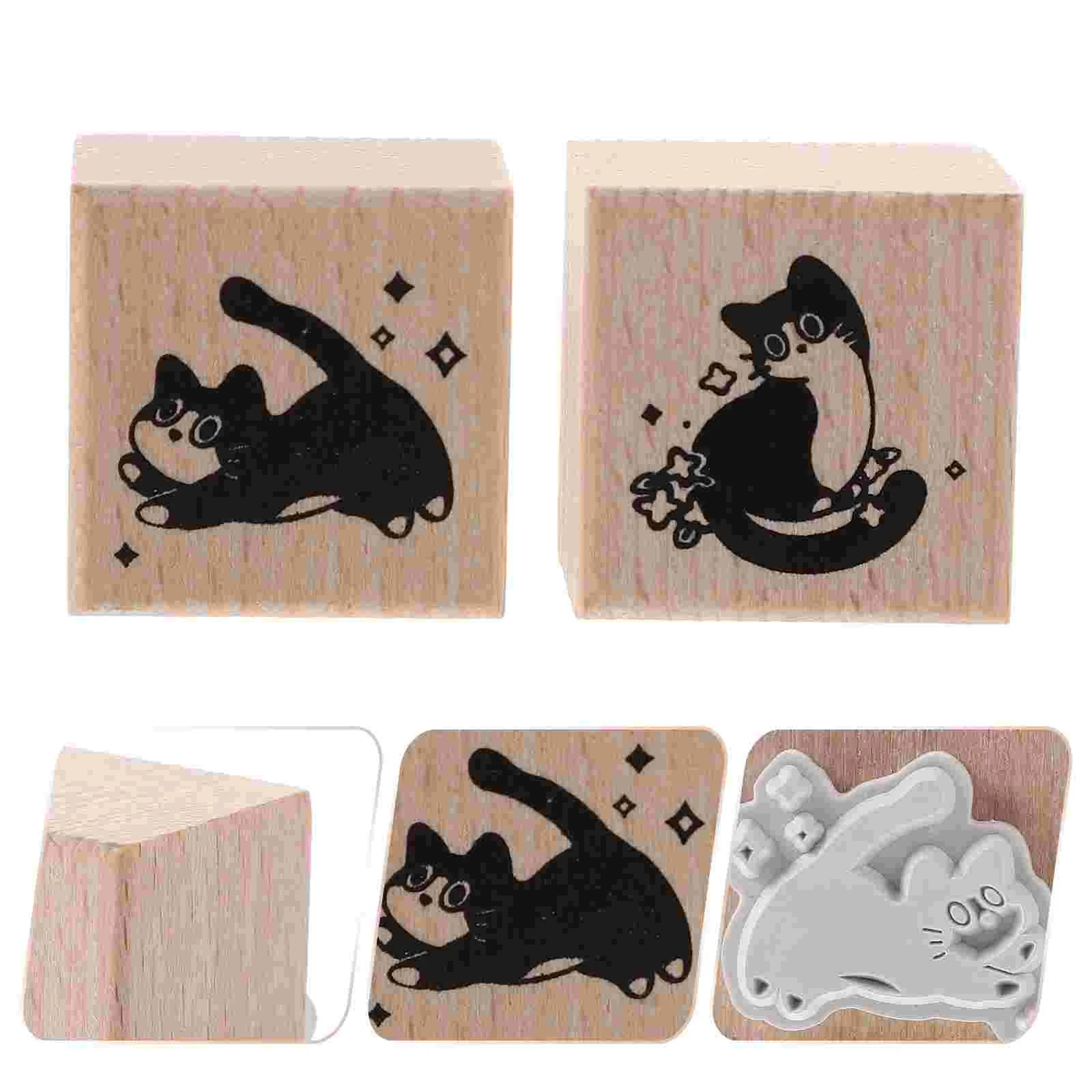 2 uds DIY impresiones sellos de gato artesanía de madera Mini animales Kit de goma para álbum de recortes hecho a mano uso estudiantil