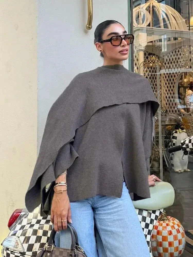 Ladies Autumn Winter Jacket Women Casual Commuter Coat Knitted Loose Oversize Coat Asymmetric Elegant Split Chic Scarf Jacket