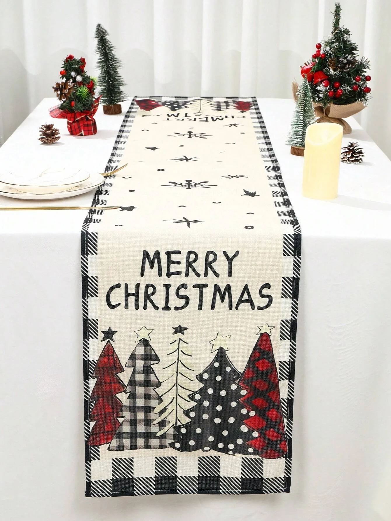 1pc Linen Christmas Running Table Grey Black Checkered Tree Pattern Home Party New Year Decoration Kitchen Gift