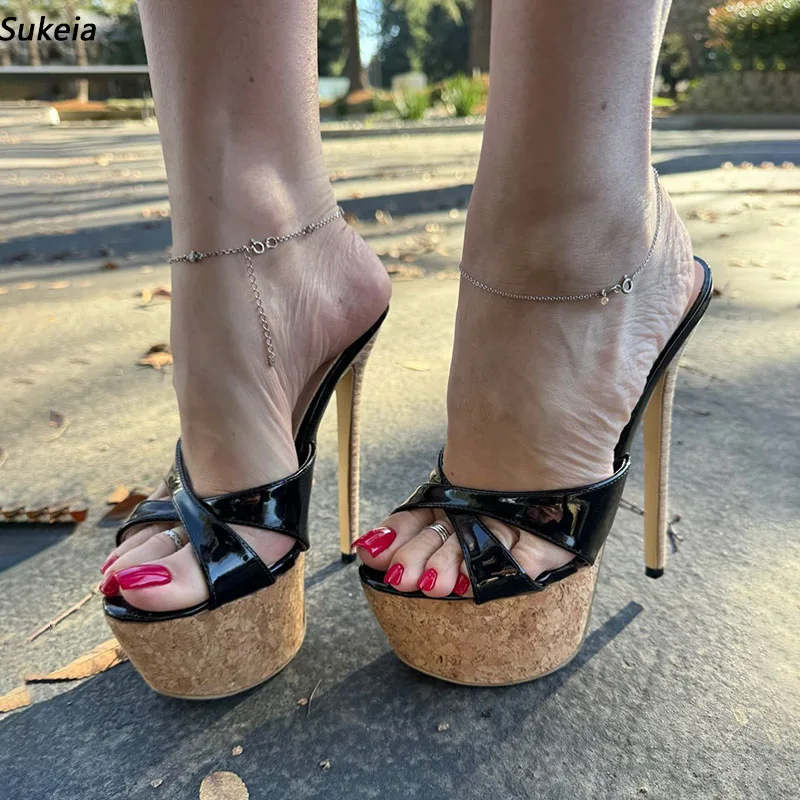

Sukeia/женские летние сандалии-мюли на платформе, пробковые туфли на шпильке с круглым носком, красивая черная повседневная обувь, женская обувь размера США 5-20