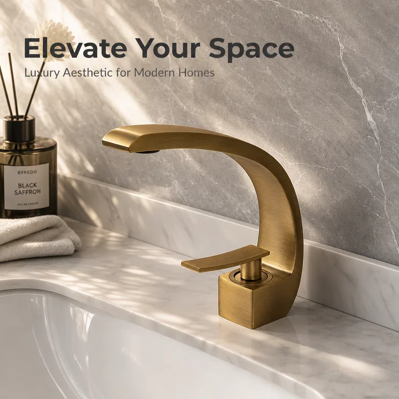 Modern C-Shaped Curved Bathroom Basin Faucet Brushed Antique Gold Single Handle Minimalist Countertop Basin Hot and Cold Faucet