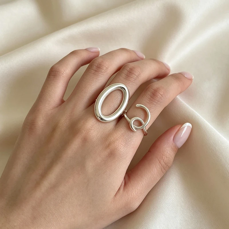 GANPUP Einfacher Hohler Ovaler Verstellbarer Fingerring für Damen, Modischer Neuer Silberfarbener Ring, Schmuckgeschenk für Party und Büro кольцо – Detail 6