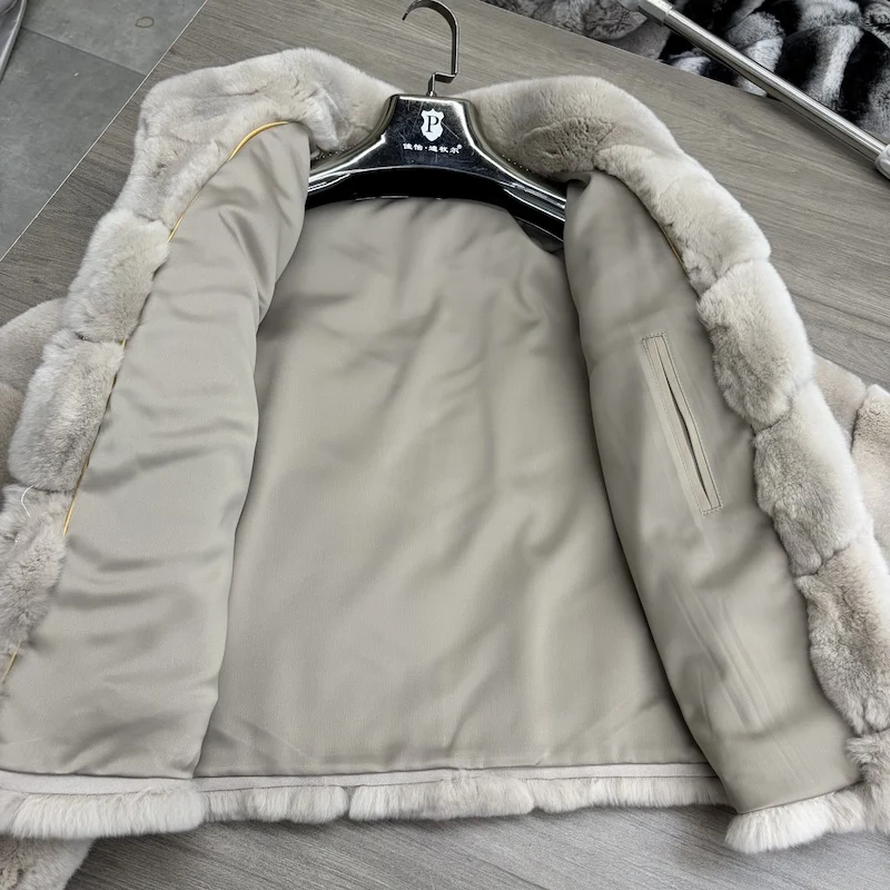 New High Quality Real Natural Rex Rabbit Fur Coat for Women Long Sleeves Luxury Fur Coat Thick Warm Outerwear Female Jackets