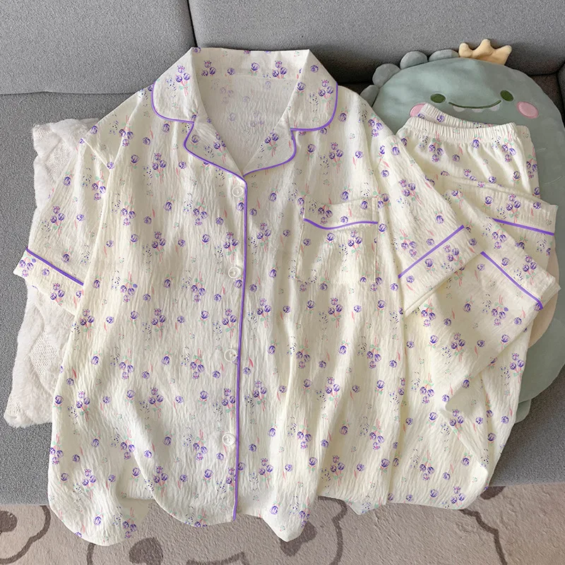 2026 New Sweet Girl Floral Simple Pajamas Short Sleeves Pants Home Clothes Set for Outdoor Women' Sleepwear Homewear