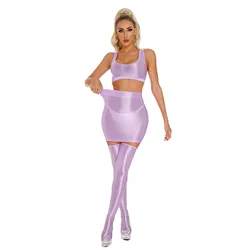 Womens Glossy Sleeveless U Neck Racerback Crop Top with Elastic Waistband Mini Skirt Thigh High Stockings Raves Party Clubwear
