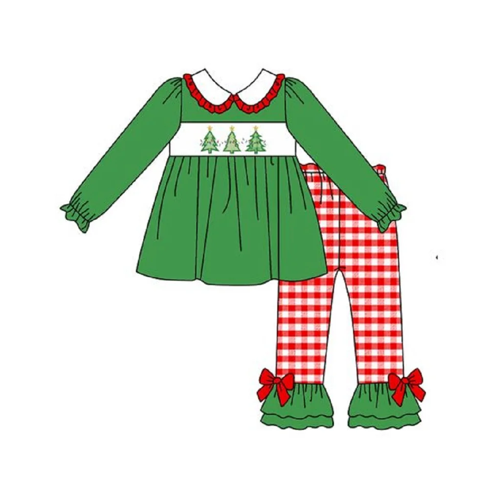 Christmas Cartoon Print Square Collar Green Long-sleeved Top Red Bell-bottom Pants Bow Decoration Boutique Suit