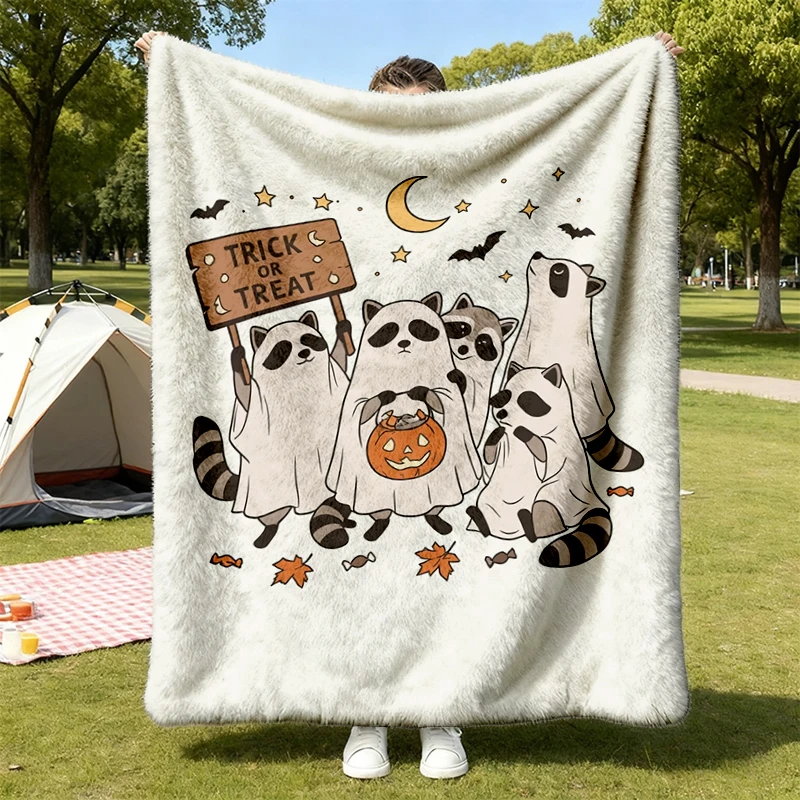 Cute Ghost Raccoon Halloween Flannel Blanket, Spooky Funny Trick or Treat Animal Flannel Throw