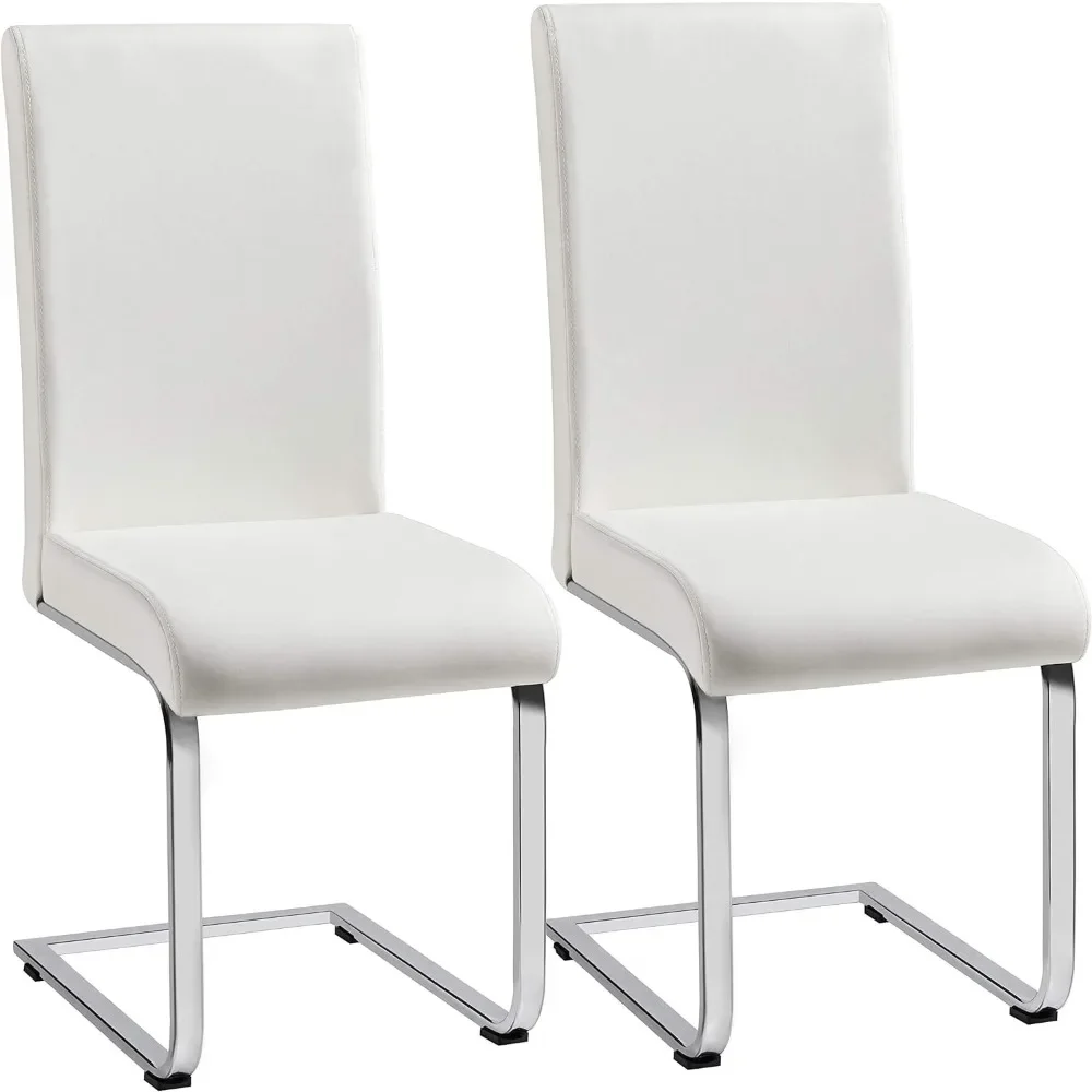 Set of 2 Dining Chairs Modern Kitchen High Back Faux Leather chairs Upholstered Armless Side with Metal Legs,White