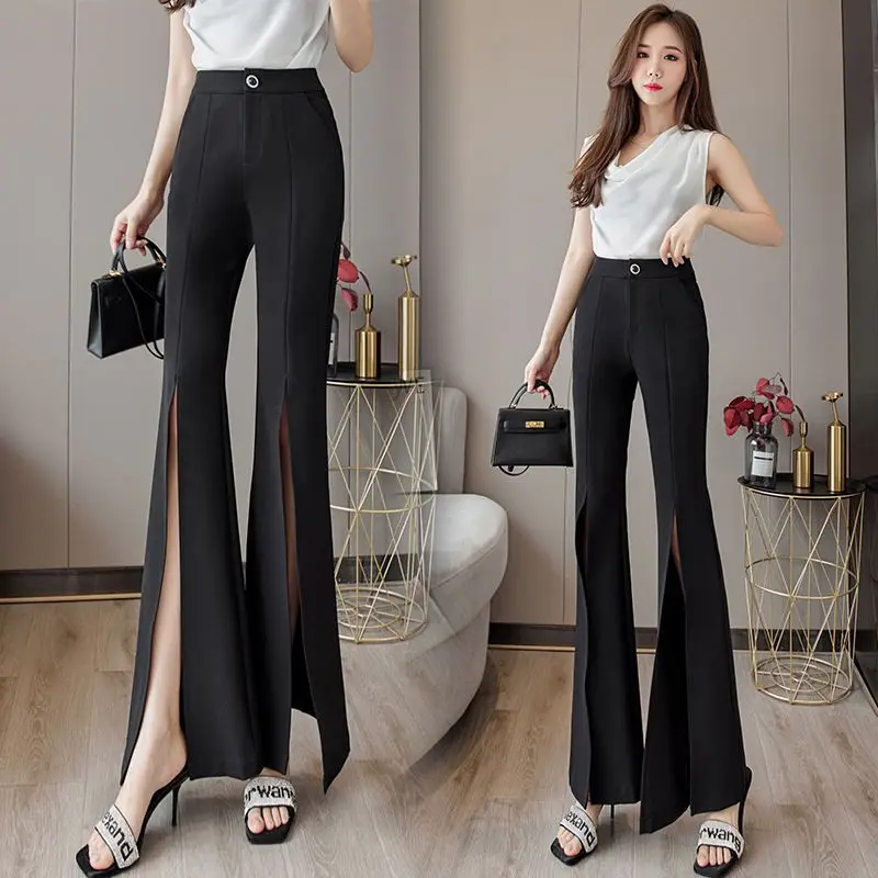 

Buttons Solid Color Black Flare Pants for Women Trousers Fashion Casual Office Lady Female High Waist Long Bell Bottom Pant A119