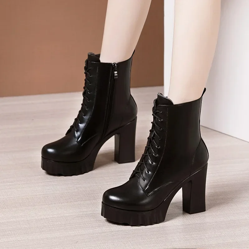 Small Size 32-43 Quality Soft Leather Shoes Woman Block High Heels Fall Winter 2024 Warm Plush Thick Platform Ankle Boots Mom