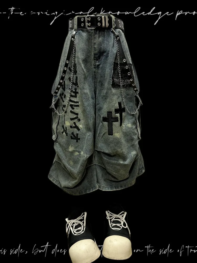 

Japanese-style Cropped Jeans for Men and Women Spring Summer Wasteland Distressed Wrinkled Patchwork Wide-leg Mid-length Pants