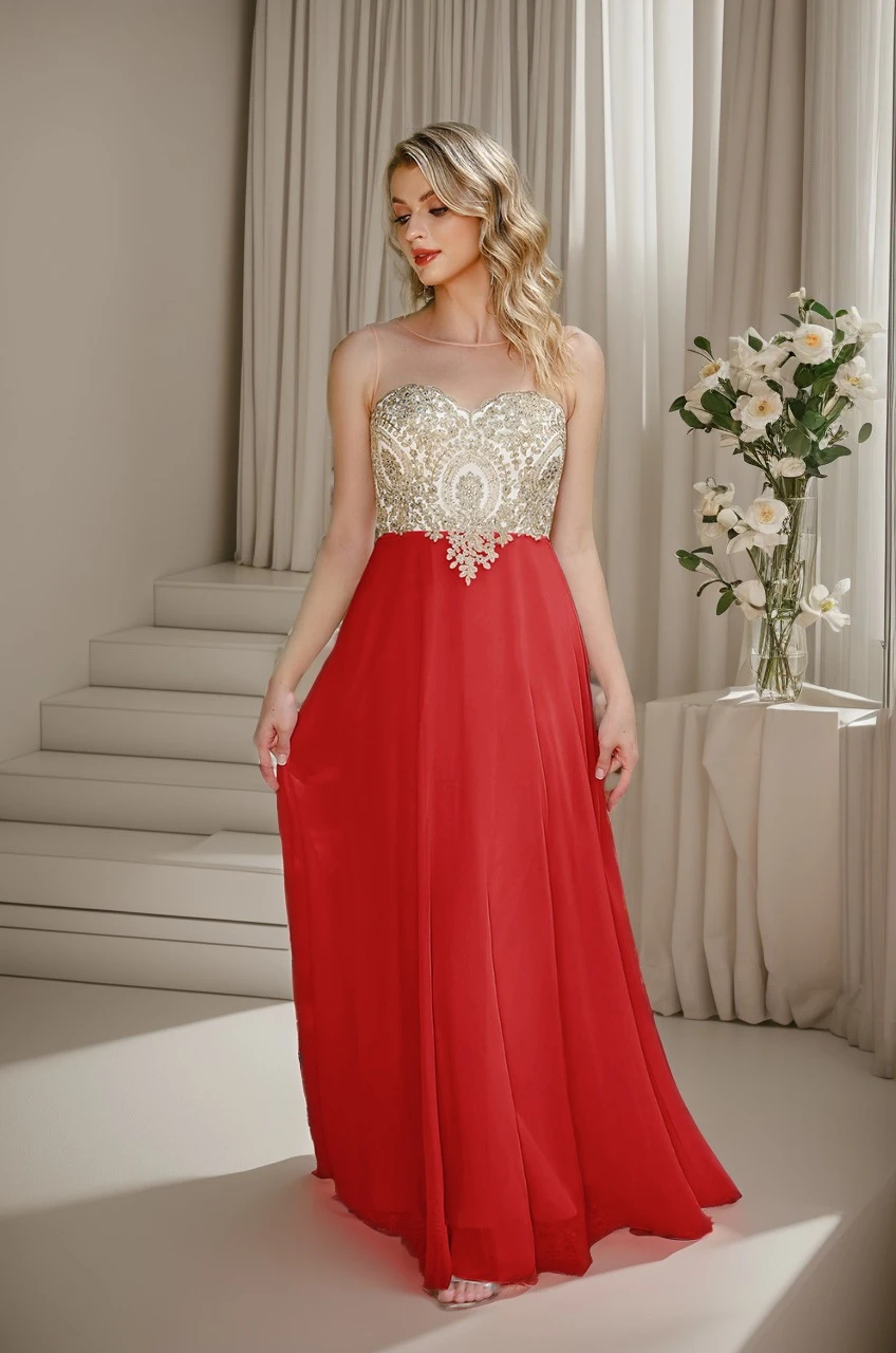 

Long A-Line Prom Dresses Illusion Collar Sleeveless Sheer Backless Evening Dress Gold Lace Appliques Empire Formal Party Vestido