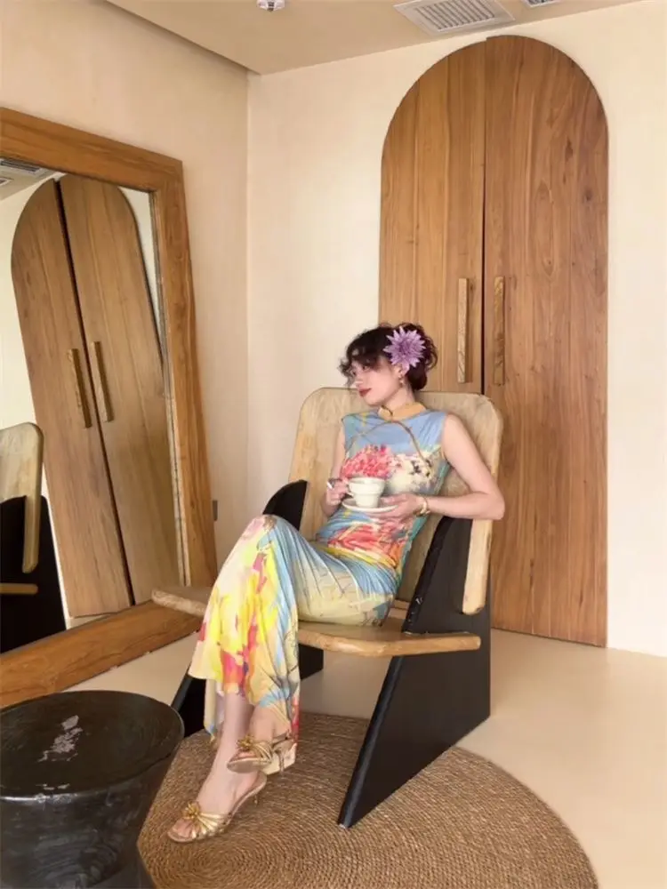 Women's Midi Long Dresses Sleeveless Bodycon Slim Elegant Summer Chinese Cheongsam Style Printed Dress y2k maxi boho vestidos